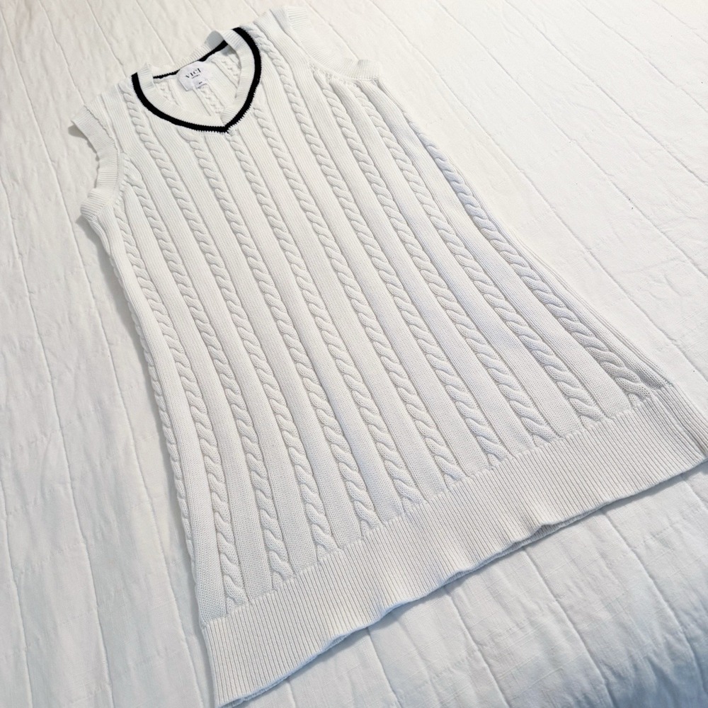 VICI Cable Knit Sleeveless Dress MEDIUM White 100% Cotton V Neck Preppy Golf - Picture 4 of 10